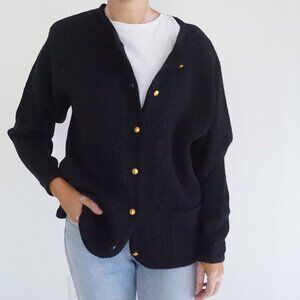 Vintage Crystal Kobe Black Button Front Cardigan Gold Crest Buttons Old Money L